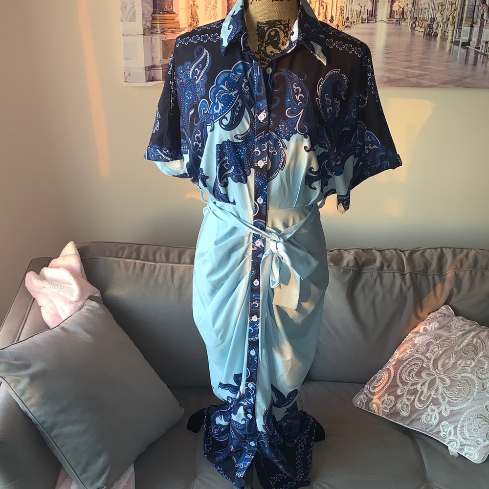 SHEIN Light Blue and Dark Blue Paisley shirt dress.